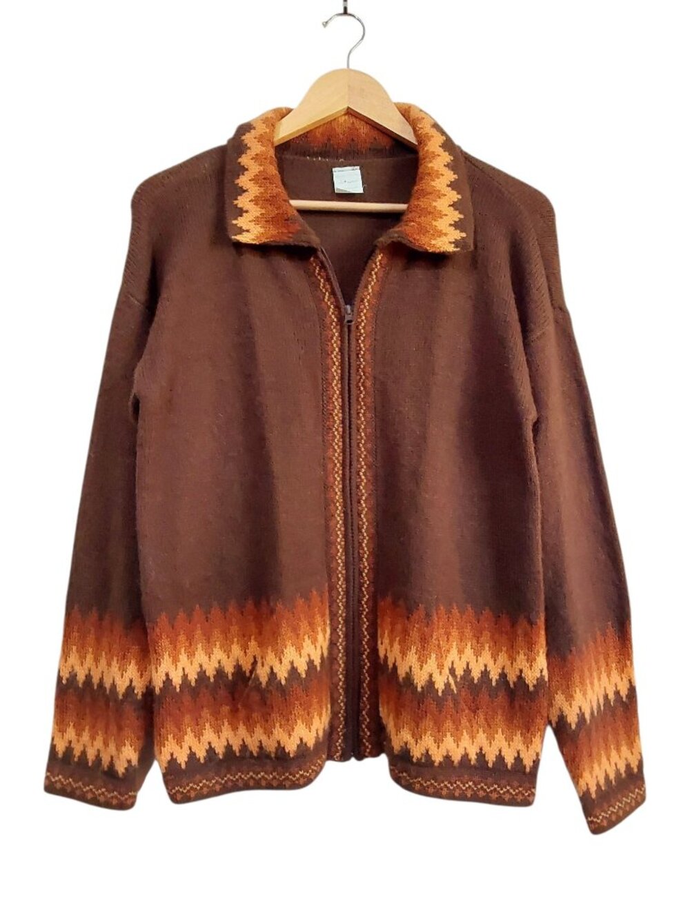 Vintage 70s/80s Ecuador Handcrafted 100% Alpaca Zip Cardigan Boho/Hippie Brown M